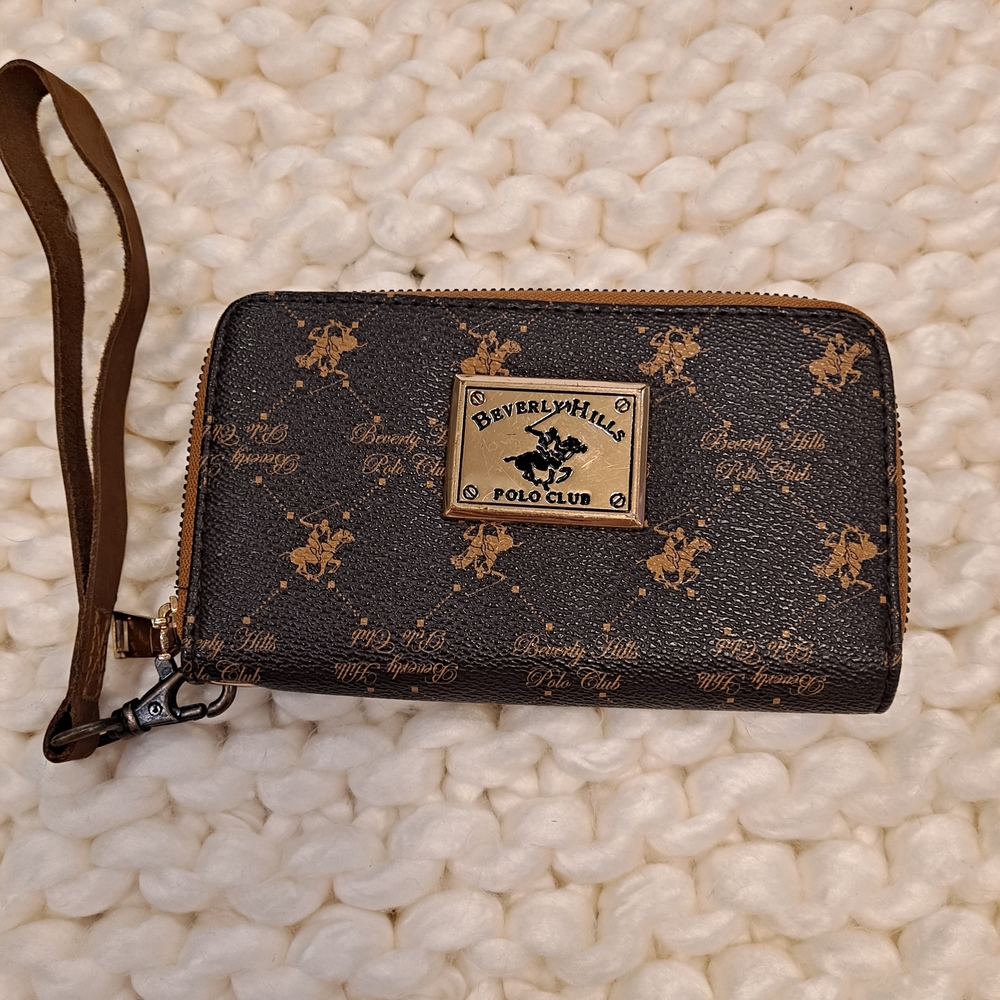 Beverly Hills Polo Club Brown and Gold Patterned Wristlet Clutch Wallet